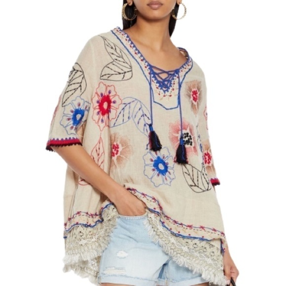 ANJUNA Azzurra Embroidered Linen blend Tunic Tassel Top - Picture 8 of 8